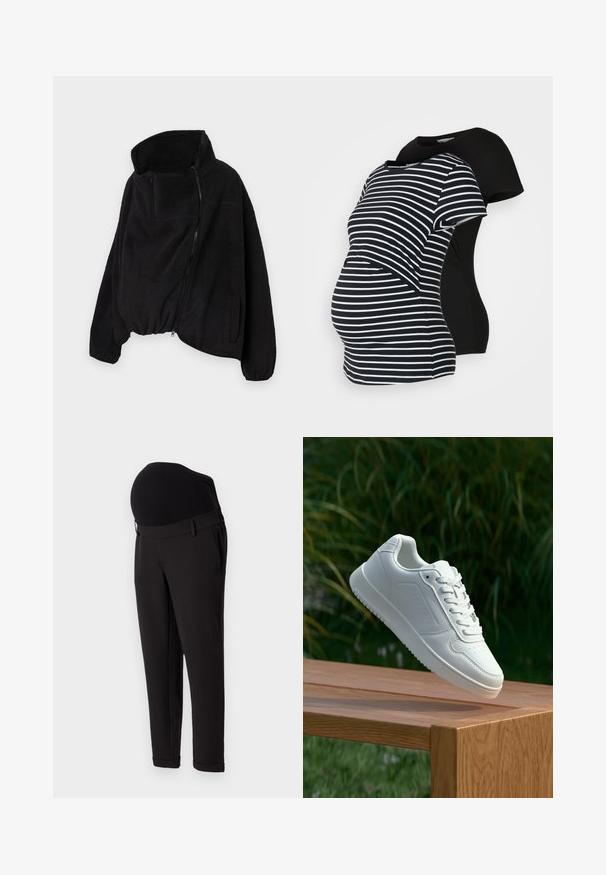 Czarna polarowa kurtka z wysokim kołnierzem, zamkiem błyskawicznym z przodu i elastycznym dołem. Posiada kieszeń na piersi oraz kieszenie boczne. Miękki, teksturowany materiał.; Dwie koszulki ciążowe: jedna czarna, druga w czarno-białe paski. Obie mają krótkie rękawy i zakrzywiony dół, zaprojektowane z myślą o komforcie w czasie ciąży.; Czarne spodnie ciążowe z wysokim, elastycznym pasem i zwężającym się krojem nogawek. Materiał ma gładką teksturę z delikatnym połyskiem.; Biały sneaker z gładką syntetyczną cholewą, perforowanym noskiem, płaskimi sznurowadłami i teksturowaną podeszwą, wyeksponowany na drewnianej powierzchni.