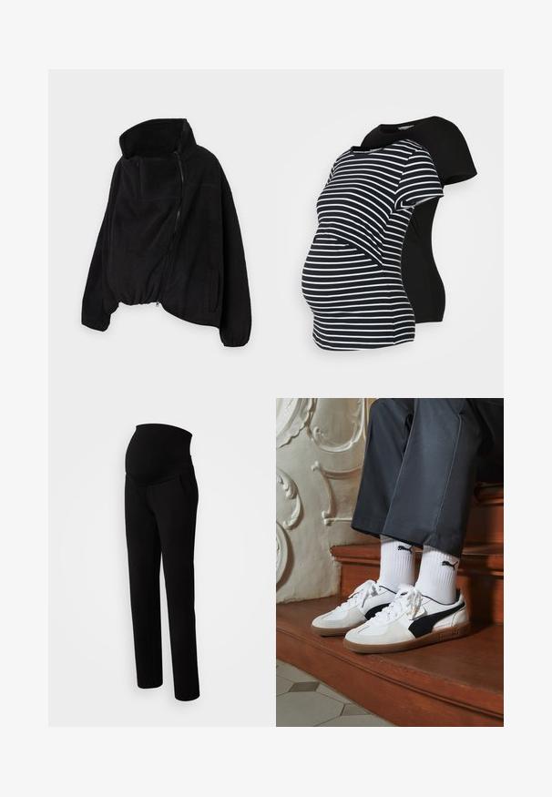 Black fleece jacket with a high collar, zippered front, and elastic hem. Features a chest pocket and side pockets. Soft, textured fabric.; Two maternity t-shirts: one black, one black and white striped. Both have short sleeves and a curved hem, designed for comfort during pregnancy.; Maternity pants in black, featuring a stretchy waistband for comfort, side pockets, straight leg design, and soft fabric texture.; Puma sneakers in white and black suede, featuring a brown rubber sole. Paired with white socks displaying a black logo, worn with dark pants.