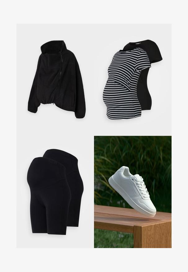 Čierna fleecová bunda s vysokým golierom, so zipsom na prednej strane a elastickým spodným lemom. Má náprsné vrecko a bočné vrecká. Mäkka, štruktúrovaná tkanina.; Dve tehotenské tričká: jedno čierne, druhé čierno-bielo pruhované. Obidve majú krátke rukávy a oblečený lem, navrhnuté pre pohodlie počas tehotenstva.; Čierne elastické šortky s vysokým pásom, s hladkým povrchom a jednoduchým dizajnom. Predávané v balení po dvoch.; Biele tenisky s hladkým syntetickým zvrškom, perforovanou špičkou, plochými šnúrkami a textúrovanou podrážkou, vystavené na drevenej ploche.