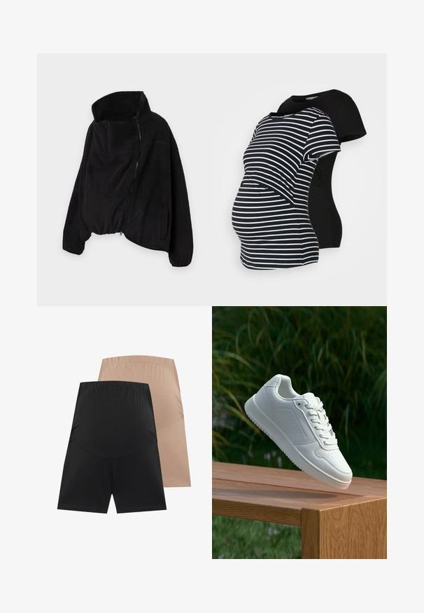Čierna fleecová bunda s vysokým golierom, so zipsom na prednej strane a elastickým spodným lemom. Má náprsné vrecko a bočné vrecká. Mäkka, štruktúrovaná tkanina.; Dve tehotenské tričká: jedno čierne, druhé čierno-bielo pruhované. Obidve majú krátke rukávy a oblečený lem, navrhnuté pre pohodlie počas tehotenstva.; Dve páry elastických šortiek: jedna čierna a jedna telová. Obe majú široký elastický pás a hladkú, jemnú textúru.; Biele tenisky s hladkým syntetickým zvrškom, perforovanou špičkou, plochými šnúrkami a textúrovanou podrážkou, vystavené na drevenej ploche.
