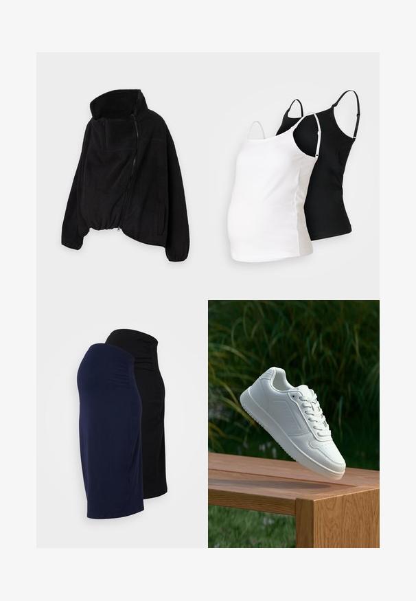 Svart fleecejakke med høy krage, glidelås foran og elastisk nederkant. Har brystlomme og sidelommer. Myk, strukturert stoff.; To graviditetstopp i svart og hvit, laget av myk fabric, med justerbare stropper og en tettsittende design for å imøtekomme en voksende mage.; To samtidige skjørt i marineblå og svart, laget av mykt stoff. Begge har en jevn tekstur og elastisk midjebånd for komfort.; Hvite sneakers med en glatt syntetisk overdel, perforert tåboks, flate snørebånd og en teksturert såle, vist på en treflate.