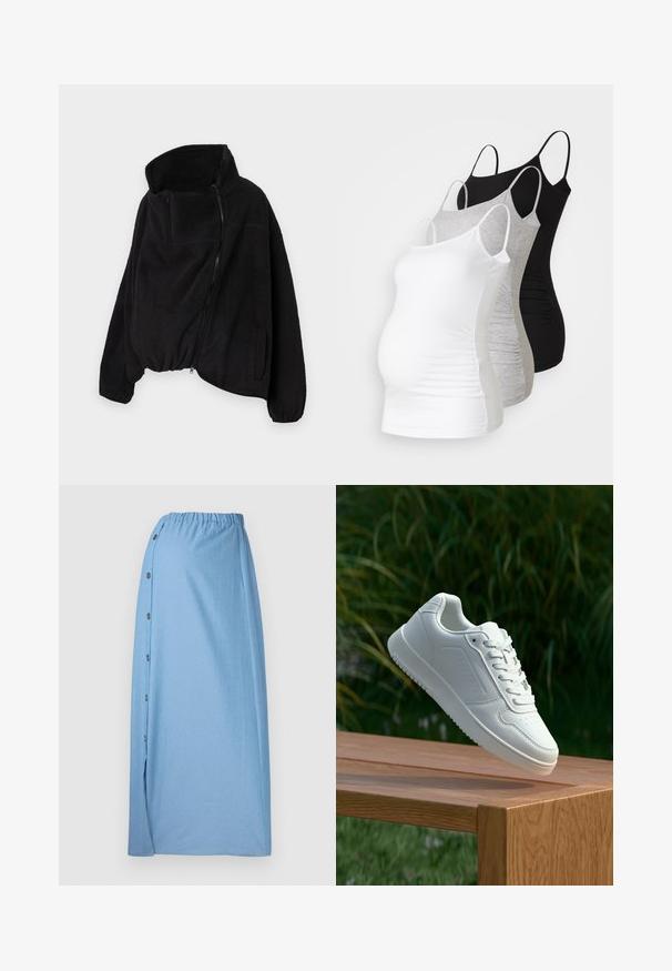 Jachetă neagră din fleece cu guler înalt, fermoar frontal și margine elastică. Prezintă un buzunar pe piept și buzunare laterale. Material moale, texturat.; Trei topuri de maternitate fără mâneci, în alb, gri și negru. Material elastic cu bretele subtiri ajustabile și cusături laterale pliate pentru confort.; Fustă de culoare albastru deschis, realizată dintr-un material moale, având un brâu strâns, butoane laterale și o fente pe partea stângă pentru un plus de detaliu.; Sneaker alb cu un upper sintetic neted, cu vârf perforat, șireturi plate și o talpă texturată, expus pe o suprafață de lemn.