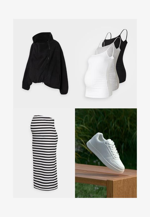 Czarna polarowa kurtka z wysokim kołnierzem, zamkiem błyskawicznym z przodu i elastycznym dołem. Posiada kieszeń na piersi oraz kieszenie boczne. Miękki, teksturowany materiał.; Trzy topy ciążowe na ramiączkach w kolorze białym, szarym i czarnym. Elastyczny materiał z regulowanymi ramiączkami i zaszewkami po bokach dla wygody.; Sukienka midi w czarno-białe paski o prążkowanej teksturze, dopasowująca się do sylwetki, z okrągłym dekoltem. Widok z boku efektywnie ukazuje projekt.; Biały sneaker z gładką syntetyczną cholewą, perforowanym noskiem, płaskimi sznurowadłami i teksturowaną podeszwą, wyeksponowany na drewnianej powierzchni.