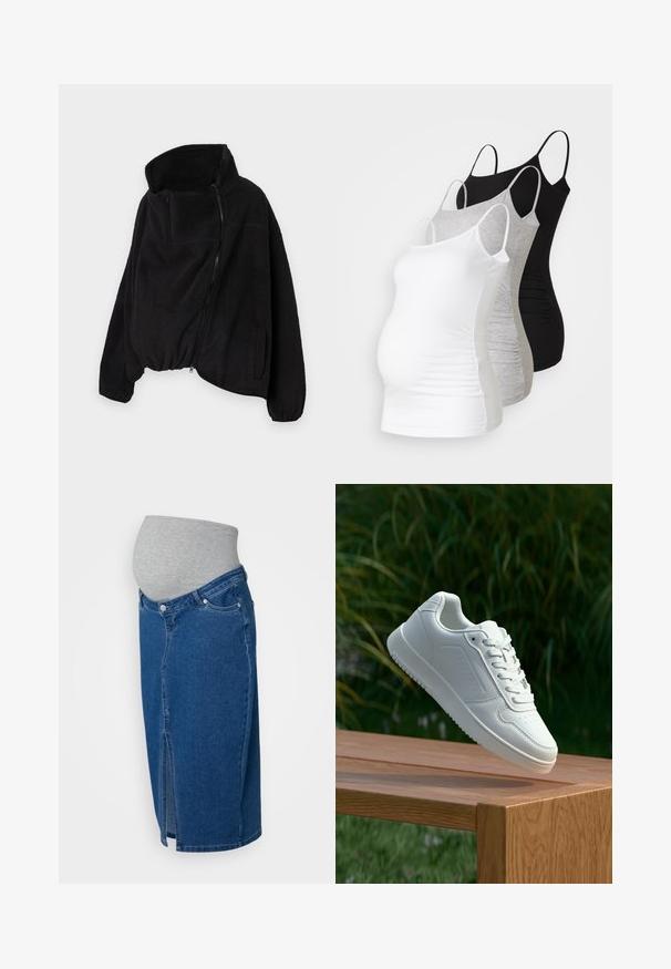 Črna flis jakna z visokim ovratnikom, zadrgo spredaj in elastičnim robom. Ima žep na prsih in stranske žepe. Mehka, teksturirana tkanina.; Tri materinski topi brez rokavov v beli, sivi in črni barvi. Raztegljiv material z nastavljivimi naramnicami in nabranimi stranskimi šivi za udobje.; Materinski jeans krilo s temno modrim pranjem, sprednjim razporkom in mehkim sivo elastičnim pasom za udobje in enostavno nošenje.; Bela teniska s gladkim sintetičnim zgornjim delom, perforiranim prednjim delom, ravnimi vezalkami in teksturiranim podplatom, prikazana na leseni površini.