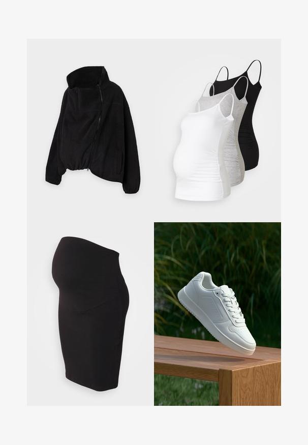 Fekete fleece dzseki magas gallérral, cipzáros elejével és rugalmas aljával. Tartalmaz egy melltáskát és oldalsó zsebeket. Puha, texturált anyag.; Három kismama tank top fehér, szürke és fekete színben. Rugalmas anyag, állítható pántokkal és beszegett oldals seams, hogy kényelmes viseletet biztosítson.; Fekete kismama szoknya puha, rugalmas anyagból készült. Magas derékpanele kényelmet nyújt, és a testhez simuló fazonja kiemeli a vonalakat.; Fehér sportcipő sima szintetikus felsőrésszel, perforált lábujjrész, lapos fűzőkkel és texturált talppal, fából készült felületen kihelyezve.