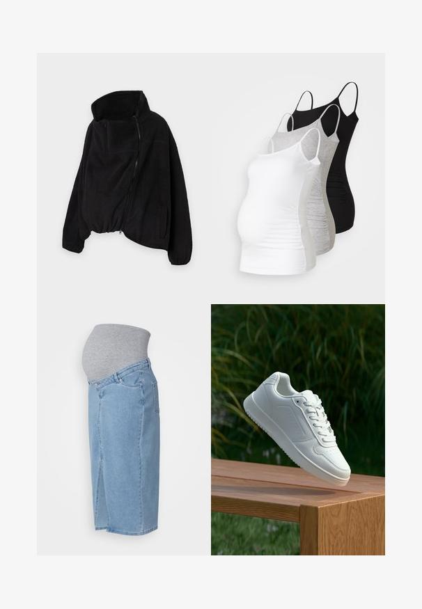 Melnā vilnas jaka ar augstu apkakli, ar rāvējslēdzēja priekšpusi un elastīgu apakšmalu. Iekļautas krūšu kabata un sānu kabatas. Mīksts, teksturēts audums.; Trīs grūtniecības tērpi bez piedurknēm baltā, pelēkā un melnā krāsā. Elastīgs audums ar regulējamiem tievajiem plecu siksniņām un savilktām sānu šuvēm komfortam.; Gaiši zili grūtniecības džinsi ar pelēku elastīgu jostasvietu. Ir taisnā griezuma, priekšējās kabatas un šķēlums priekšējā apakšmalā.; Baltie sporta apavi ar gludu sintētisku augšpusi, perforētu pirkstu daļu, plakani šņorēm un rakstainu zoli, novietoti uz koka virsmas.