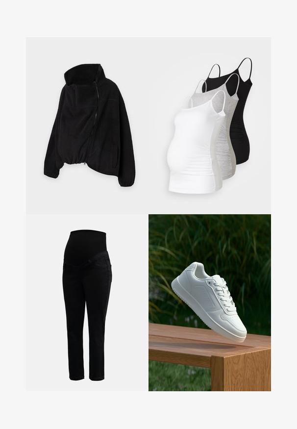 Juodas vilnonis džemperis su aukšta apykakle, užtrauktuku priekyje ir elastingu gale. Yra krūtinės kišenė ir šoninės kišenės. Minkšta, tekstūruota medžiaga.; Trys nėštumo marškiniai be rankovių – balti, pilki ir juodi. Tampri medžiaga su reguliuojamomis petnešėlėmis ir susiraukšlėjusiomis šoninėmis siūlėmis, užtikrinančiomis komfortą.; Juodos nėštuminės džinsinės kelnės su tampriu aukštu juosmeniu ir siaurais keliais, sukurtos komfortui ir palaikymui nėštumo metu.; Balti sneakeriai su lygia sintetine viršutine dalimi, perforuota pirštų zona, plokščiomis raištelėmis ir tekstūruotu padu, padėti ant medinės paviršiaus.