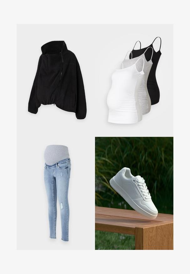 Must lähedane fliisjakk kõrge kaelusega, lukuga ees ja elastse äärisega. Omab rinnataskut ja küljetaskuid. Pehme, tekstuuriga kangas.; Kolm emme tank topi valges, hallis ja mustas värvitoonis. Veniv kangas, reguleeritavad õhuke rihmad ja mugavuse tagavad volditud külgseemed.; Kerged raseduse teksad helesinisest denimist, pehme halli elastse vöökohtadega, kulunud aktsentidega ja kitseneva lõikega.; Valged sneakerd, millel on sile sünteetiline ülemine osa, väikeste aukudega varvaskast, lamedad paelad ja tekstuuriga tald, eksponeeritud puidust pinnal.