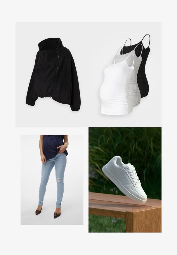 Casaco de fleece preto com colarinho alto, fecho zip e parte inferior elástica. Apresenta um bolso no peito e bolsos laterais. Tecido suave e texturizado.; Três tops de maternidade sem mangas em branco, cinza e preto. Tecido elástico com alças ajustáveis e costuras laterais franzidas para maior conforto.; Jeans skinny azul claro com joelho desgastado, tecido elástico, cintura média e comprimento até o tornozelo; combinados com sapatos de salto fino de bico apontado castanhos.; Sapatilha branca com um cabedal sintético liso, caixa dos dedos perfurada, atacadores planos e uma sola texturizada, exposta sobre uma superfície de madeira.