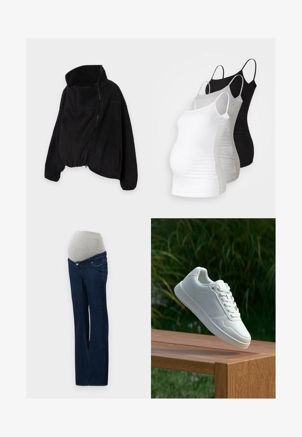 Melnā vilnas jaka ar augstu apkakli, ar rāvējslēdzēja priekšpusi un elastīgu apakšmalu. Iekļautas krūšu kabata un sānu kabatas. Mīksts, teksturēts audums.; Trīs grūtniecības tērpi bez piedurknēm baltā, pelēkā un melnā krāsā. Elastīgs audums ar regulējamiem tievajiem plecu siksniņām un savilktām sānu šuvēm komfortam.; Maternitātes džinsi, kas izgatavoti no tumši zilas denima, ar pelēku elastīgu vēderpaneli, taisnu kāju dizainu un priekšējām kabatām ar metāliskiem akcentiem.; Baltie sporta apavi ar gludu sintētisku augšpusi, perforētu pirkstu daļu, plakani šņorēm un rakstainu zoli, novietoti uz koka virsmas.