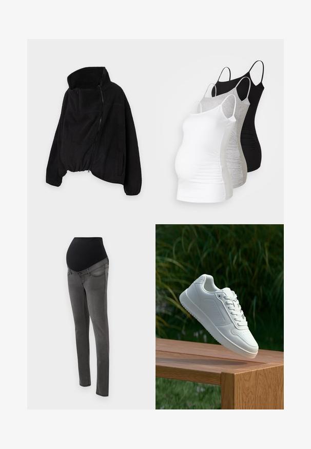 Giacca in pile nera con colletto alto, chiusura frontale con zip e orlo elastico. Dotata di una tasca sul petto e tasche laterali. Tessuto morbido e testurizzato.; Tre top premaman a canotta in bianco, grigio e nero. Tessuto elasticizzato con spalline regolabili e cuciture laterali arricciate per il massimo comfort.; Jeans premaman con una vita nera elasticizzata, corpo in denim grigio, design slim-fit e tasche. Presentano una texture liscia e linee pulite.; Sneaker bianco con tomaia in sintetico liscio, punta perforata, lacci piatti e suola testurizzata, esposto su una superficie di legno.