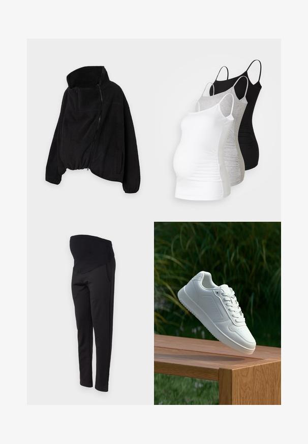 Czarna polarowa kurtka z wysokim kołnierzem, zamkiem błyskawicznym z przodu i elastycznym dołem. Posiada kieszeń na piersi oraz kieszenie boczne. Miękki, teksturowany materiał.; Trzy topy ciążowe na ramiączkach w kolorze białym, szarym i czarnym. Elastyczny materiał z regulowanymi ramiączkami i zaszewkami po bokach dla wygody.; ONLY MATERNITY OLMGISELEA czarny; Biały sneaker z gładką syntetyczną cholewą, perforowanym noskiem, płaskimi sznurowadłami i teksturowaną podeszwą, wyeksponowany na drewnianej powierzchni.