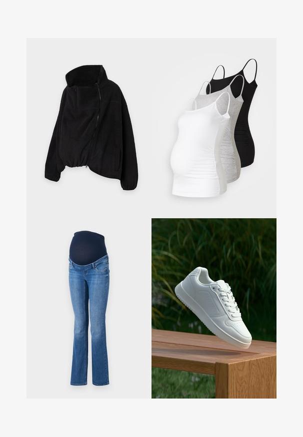 Schwarze Fleecejacke mit hohem Kragen, Reißverschluss vorne und elastischem Saum. Verfügt über eine Brusttasche und Seitentaschen. Weicher, strukturierter Stoff.; Drei Still-Tanktops in Weiß, Grau und Schwarz. Dehnbare Stoffe mit verstellbaren Spaghettiträgern und gerafften Seitennähten für zusätzlichen Komfort.; Schwangerschaftsjeans mit einem dunkelblauen, weichen Stoffbund und hellblauem Denim, ausgestattet mit einem ausgestellten Bein und im Fünf-Taschen-Stil.; Weiße Sneaker mit einem glatten, synthetischen Obermaterial, perforierter Zehenbox, flachen Schnürsenkeln und einer strukturierten Sohle, präsentiert auf einer Holzoberfläche.