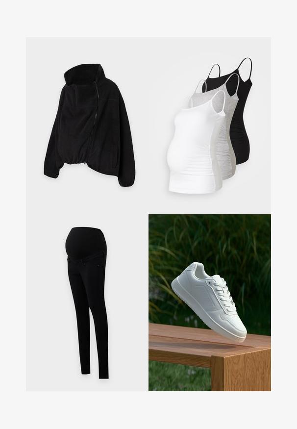 Black fleece jacket with a high collar, zippered front, and elastic hem. Features a chest pocket and side pockets. Soft, textured fabric.; Three maternity tank tops in white, gray, and black. Stretchy fabric with adjustable spaghetti straps and gathered side seams for comfort.; Black maternity leggings with a supportive over-the-bump waistband. Made from stretchy fabric, featuring a slim fit and classic five-pocket design.; White sneaker with a smooth synthetic upper, perforated toe box, flat laces, and a textured sole, displayed on a wooden surface.