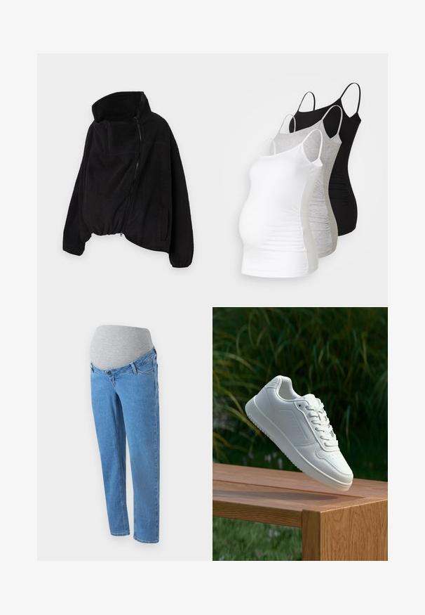 Crna flis jakna s visokim ovratnikom, prednjim patentnim zatvaračem i elastičnom donjom rubom. Ima džep na prsima i bočne džepove. Mekana, teksturirana tkanina.; Tri majice za trudnice bez rukava u bijeloj, sivoj i crnoj boji. Elastični materijal s podesivim trakama i naboranim bočnim šavovima za udobnost.; Svijetloplave trudničke traperice s rastezljivim sivo-belim panelom za trbuh, koje imaju prednje džepove i opušteni kroj. Prikaz detalja teksture trapera.; Bijela tenisica sa glatkim sintetičkim gornjim dijelom, perforiranim prednjim dijelom, ravnim vezicama i teksturiranom potplatom, prikazana na drvenoj površini.