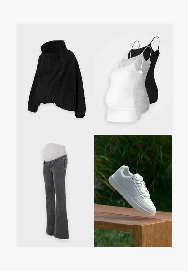 Chaqueta de forro polar negra con un alto cuello, cierre frontal con cremallera y dobladillo elástico. Cuenta con un bolsillo en el pecho y bolsillos laterales. Tejido suave y texturizado.; Tres camisetas de maternidad sin mangas en blanco, gris y negro. Fabricadas con tejido elástico, tienen tirantes ajustables y costuras laterales fruncidas para mayor comodidad.; Jeans de maternidad con una cintura elástica ajustada de color gris, piernas acampanadas y acabado en denim gris oscuro, que cuentan con costuras estándar y bolsillos.; Zapatilla blanca con un upper sintético suave, caja de dedos perforada, cordones planos y una suela texturizada, exhibida sobre una superficie de madera.