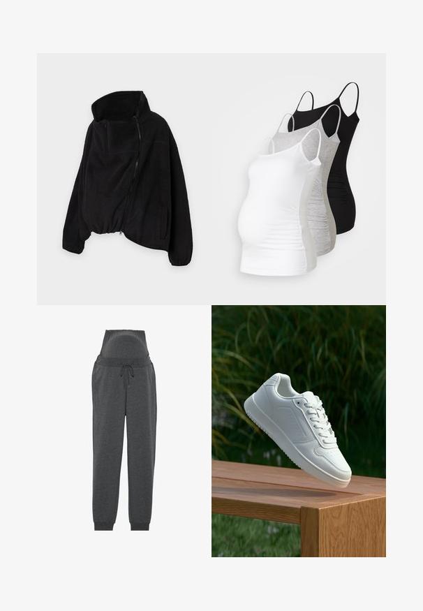 Casaco de fleece preto com colarinho alto, fecho zip e parte inferior elástica. Apresenta um bolso no peito e bolsos laterais. Tecido suave e texturizado.; Três tops de maternidade sem mangas em branco, cinza e preto. Tecido elástico com alças ajustáveis e costuras laterais franzidas para maior conforto.; Sweatpants de maternidade cinzas com uma cintura alta, fecho com cordão e punhos elásticos. Feitas de um tecido macio para conforto e flexibilidade.; Sapatilha branca com um cabedal sintético liso, caixa dos dedos perfurada, atacadores planos e uma sola texturizada, exposta sobre uma superfície de madeira.