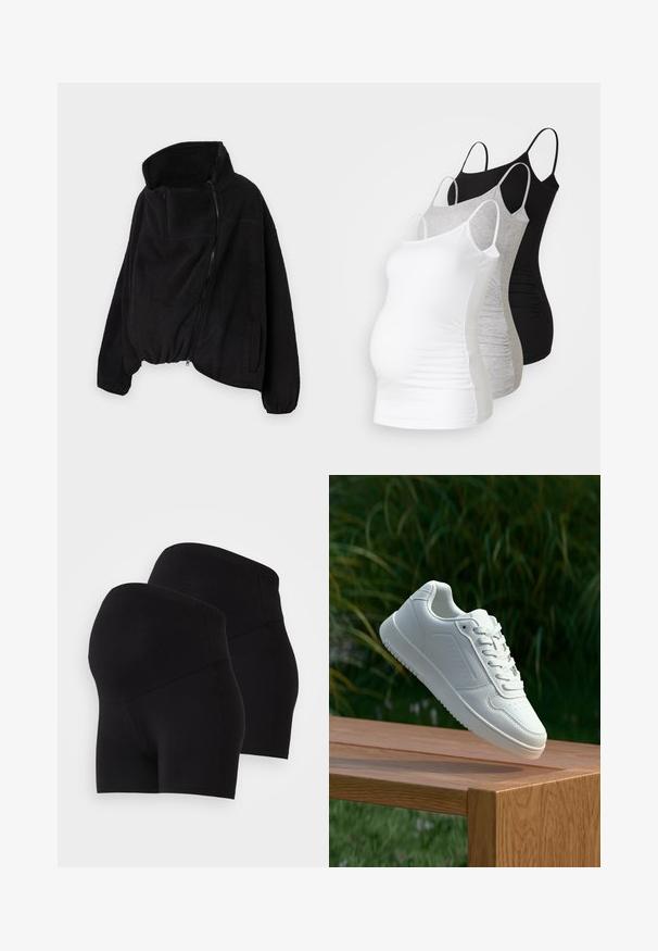 Melnā vilnas jaka ar augstu apkakli, ar rāvējslēdzēja priekšpusi un elastīgu apakšmalu. Iekļautas krūšu kabata un sānu kabatas. Mīksts, teksturēts audums.; Trīs grūtniecības tērpi bez piedurknēm baltā, pelēkā un melnā krāsā. Elastīgs audums ar regulējamiem tievajiem plecu siksniņām un savilktām sānu šuvēm komfortam.; Melnas elastīgas šortus ar augstu jostasvietu, ar gludu tekstūru un pieguļošu dizainu. Parādītas divas identiskas pāris.; Baltie sporta apavi ar gludu sintētisku augšpusi, perforētu pirkstu daļu, plakani šņorēm un rakstainu zoli, novietoti uz koka virsmas.