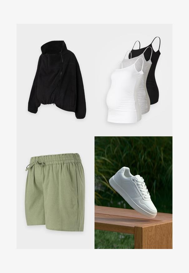 Melnā vilnas jaka ar augstu apkakli, ar rāvējslēdzēja priekšpusi un elastīgu apakšmalu. Iekļautas krūšu kabata un sānu kabatas. Mīksts, teksturēts audums.; Trīs grūtniecības tērpi bez piedurknēm baltā, pelēkā un melnā krāsā. Elastīgs audums ar regulējamiem tievajiem plecu siksniņām un savilktām sānu šuvēm komfortam.; Gaiši zaļi šorti, kas izgatavoti no mīksta auduma. Iespējamā elastīgā josta ar auklu, sānu kabatām un taisnu griezumu.; Baltie sporta apavi ar gludu sintētisku augšpusi, perforētu pirkstu daļu, plakani šņorēm un rakstainu zoli, novietoti uz koka virsmas.