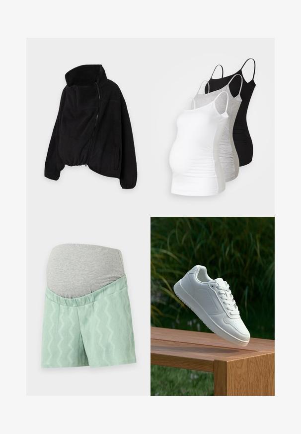 Czarna polarowa kurtka z wysokim kołnierzem, zamkiem błyskawicznym z przodu i elastycznym dołem. Posiada kieszeń na piersi oraz kieszenie boczne. Miękki, teksturowany materiał.; Trzy topy ciążowe na ramiączkach w kolorze białym, szarym i czarnym. Elastyczny materiał z regulowanymi ramiączkami i zaszewkami po bokach dla wygody.; Miętowe szorty z fakturowanym wzorem zygzaka, z szarym, elastycznym pasem dla wygody. Mają luźny krój i gładki materiał.; Biały sneaker z gładką syntetyczną cholewą, perforowanym noskiem, płaskimi sznurowadłami i teksturowaną podeszwą, wyeksponowany na drewnianej powierzchni.