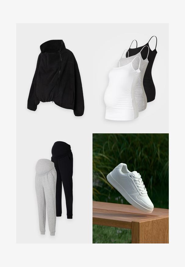 Čierna fleecová bunda s vysokým golierom, so zipsom na prednej strane a elastickým spodným lemom. Má náprsné vrecko a bočné vrecká. Mäkka, štruktúrovaná tkanina.; Tričko s dlhým rukávom pre tehotné ženy v bielej, šedej a čiernej farbe. Elastický materiál s nastaviteľnými ramienkami a zberanými bočnými švami pre pohodlie.; Dve páry tehotenských joggerov: jedny sivé a jedny čierne, obe s elastickým pásom, vreckami a zúženými nohavicami. Ľahký materiál.; Biele tenisky s hladkým syntetickým zvrškom, perforovanou špičkou, plochými šnúrkami a textúrovanou podrážkou, vystavené na drevenej ploche.