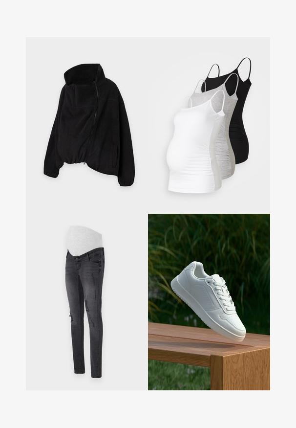 Must lähedane fliisjakk kõrge kaelusega, lukuga ees ja elastse äärisega. Omab rinnataskut ja küljetaskuid. Pehme, tekstuuriga kangas.; Kolm emme tank topi valges, hallis ja mustas värvitoonis. Veniv kangas, reguleeritavad õhuke rihmad ja mugavuse tagavad volditud külgseemed.; Tumedast hallist denimist rasedate teksapüksid, millel on veniv vöökoht, tumenevad detailid ja kitsas lõige.; Valged sneakerd, millel on sile sünteetiline ülemine osa, väikeste aukudega varvaskast, lamedad paelad ja tekstuuriga tald, eksponeeritud puidust pinnal.
