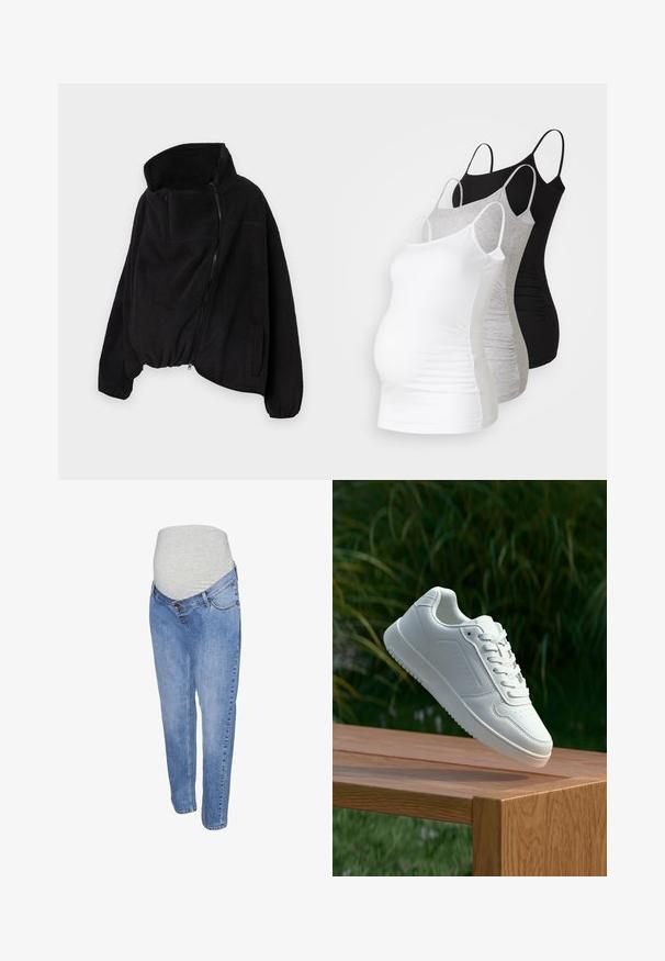 Fekete fleece dzseki magas gallérral, cipzáros elejével és rugalmas aljával. Tartalmaz egy melltáskát és oldalsó zsebeket. Puha, texturált anyag.; Három kismama tank top fehér, szürke és fekete színben. Rugalmas anyag, állítható pántokkal és beszegett oldals seams, hogy kényelmes viseletet biztosítson.; Kismama farmernadrág, világoskék denim anyagból, egyenes szárú fazonnal és szürke elastikus pocakpánttal a kényelem érdekében.; Fehér sportcipő sima szintetikus felsőrésszel, perforált lábujjrész, lapos fűzőkkel és texturált talppal, fából készült felületen kihelyezve.