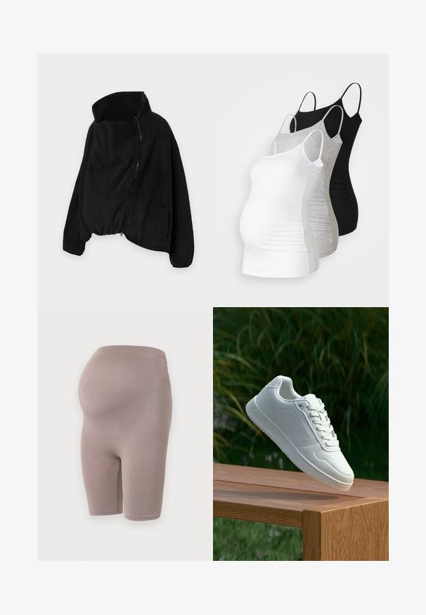 Svart fleecejakke med høy krage, glidelås foran og elastisk nederkant. Har brystlomme og sidelommer. Myk, strukturert stoff.; Tre ammetoppe til gravide i hvit, grå og svart. Elastisk stoff med justerbare spaghetti-stropper og samlede sidesømmer for komfort.; Graviditetsshorts i en myk taupe-farge, med et elastisk stoff og en høy midje designet for støtte, som når midt på låret.; Hvite sneakers med en glatt syntetisk overdel, perforert tåboks, flate snørebånd og en teksturert såle, vist på en treflate.