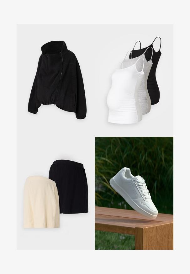 Čierna fleecová bunda s vysokým golierom, so zipsom na prednej strane a elastickým spodným lemom. Má náprsné vrecko a bočné vrecká. Mäkka, štruktúrovaná tkanina.; Tričko s dlhým rukávom pre tehotné ženy v bielej, šedej a čiernej farbe. Elastický materiál s nastaviteľnými ramienkami a zberanými bočnými švami pre pohodlie.; Dve dvojice plisovaných šortiek: jedny krémové a jedny čierne, obe s elastickým pásom a vo voľnom strihu.; Biele tenisky s hladkým syntetickým zvrškom, perforovanou špičkou, plochými šnúrkami a textúrovanou podrážkou, vystavené na drevenej ploche.