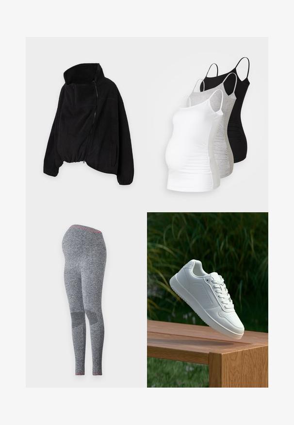 Juodas vilnonis džemperis su aukšta apykakle, užtrauktuku priekyje ir elastingu gale. Yra krūtinės kišenė ir šoninės kišenės. Minkšta, tekstūruota medžiaga.; Trys nėštumo marškiniai be rankovių – balti, pilki ir juodi. Tampri medžiaga su reguliuojamomis petnešėlėmis ir susiraukšlėjusiomis šoninėmis siūlėmis, užtikrinančiomis komfortą.; Tamsiai pilkos nėštumo legginsai su tekstūruotu paviršiumi ir rožiniu akcentu juosmenyje, suprojektuoti su prigludusia siluetu.; Balti sneakeriai su lygia sintetine viršutine dalimi, perforuota pirštų zona, plokščiomis raištelėmis ir tekstūruotu padu, padėti ant medinės paviršiaus.