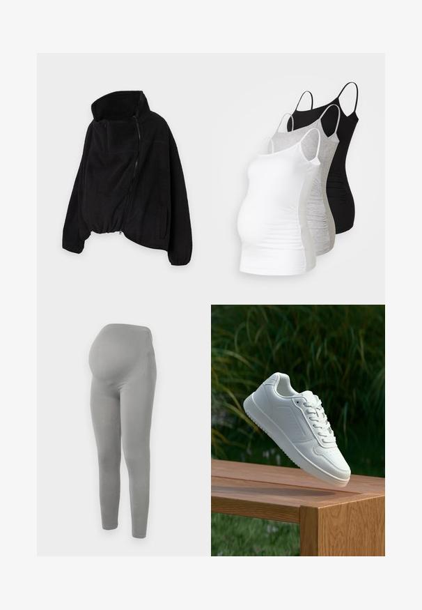 Casaco de fleece preto com colarinho alto, fecho zip e parte inferior elástica. Apresenta um bolso no peito e bolsos laterais. Tecido suave e texturizado.; Três tops de maternidade sem mangas em branco, cinza e preto. Tecido elástico com alças ajustáveis e costuras laterais franzidas para maior conforto.; Leggings de maternidade em um suave tecido cinza, com uma cintura que cobre a barriga, textura lisa e design de comprimento total.; Sapatilha branca com um cabedal sintético liso, caixa dos dedos perfurada, atacadores planos e uma sola texturizada, exposta sobre uma superfície de madeira.