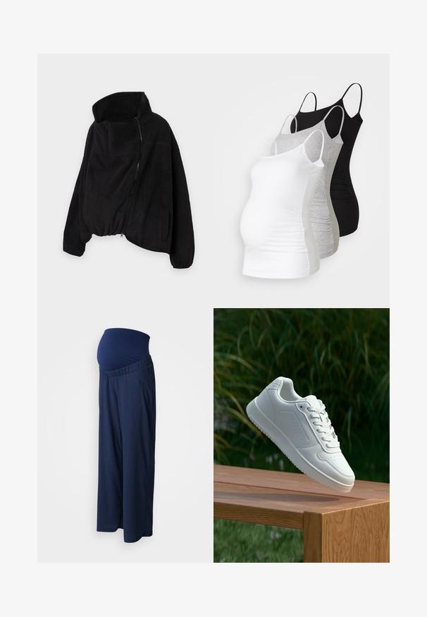 Black fleece jacket with a high collar, zippered front, and elastic hem. Features a chest pocket and side pockets. Soft, textured fabric.; Three maternity tank tops in white, gray, and black. Stretchy fabric with adjustable spaghetti straps and gathered side seams for comfort.; Navy blue maternity pants with a stretchy, textured waistband. The legs are wide and flowy, designed for comfort during pregnancy.; White sneaker with a smooth synthetic upper, perforated toe box, flat laces, and a textured sole, displayed on a wooden surface.