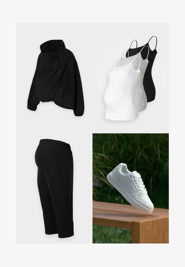 Jachetă neagră din fleece cu guler înalt, fermoar frontal și margine elastică. Prezintă un buzunar pe piept și buzunare laterale. Material moale, texturat.; Trei topuri de maternitate fără mâneci, în alb, gri și negru. Material elastic cu bretele subtiri ajustabile și cusături laterale pliate pentru confort.; Pantaloni de maternitate negri cu talie elastică și picioare drepte, prezentați dintr-o vedere laterală pe un fundal alb.; Sneaker alb cu un upper sintetic neted, cu vârf perforat, șireturi plate și o talpă texturată, expus pe o suprafață de lemn.