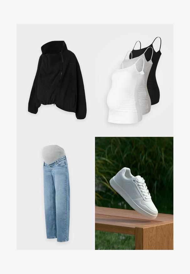 Črna flis jakna z visokim ovratnikom, zadrgo spredaj in elastičnim robom. Ima žep na prsih in stranske žepe. Mehka, teksturirana tkanina.; Tri materinski topi brez rokavov v beli, sivi in črni barvi. Raztegljiv material z nastavljivimi naramnicami in nabranimi stranskimi šivi za udobje.; Nosečniški kavbojke z svetlo modrim pranjem, sproščenega kroja in sivim elastičnim pasom za udobje in fleksibilnost med nosečnostjo.; Bela teniska s gladkim sintetičnim zgornjim delom, perforiranim prednjim delom, ravnimi vezalkami in teksturiranim podplatom, prikazana na leseni površini.