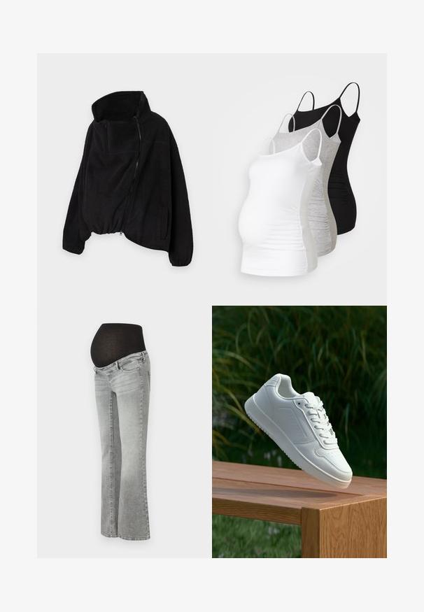 Sort fleecejakke med høj krave, lynlås foran og elastisk kant. Har en brystlomme og sidelommer. Blødt, struktureret stof.; Tre graviditetstoppe i hvid, grå og sort. Strækbart stof med justerbare spaghetti-stropper og sammenkrøllede sidesømme for komfort.; Graviditetsjeans i gråt denim med et strækbart sort panel over maven, med et lige ben-design og subtilt falmet tekstur.; Hvid sneaker med en glat syntetisk overdel, perforeret tåboks, flade snørebånd og en tekstureret sål, præsenteret på en træoverflade.
