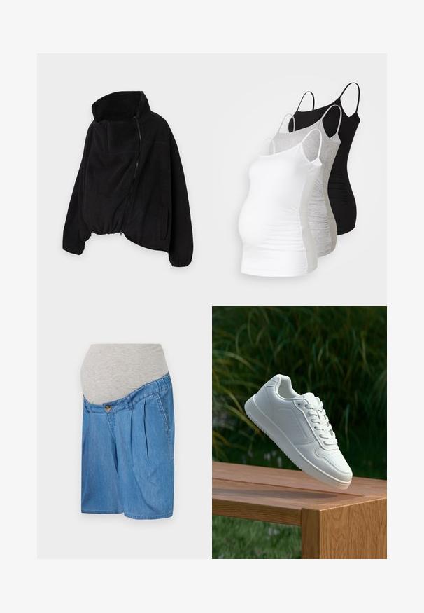 Čierna fleecová bunda s vysokým golierom, so zipsom na prednej strane a elastickým spodným lemom. Má náprsné vrecko a bočné vrecká. Mäkka, štruktúrovaná tkanina.; Tričko s dlhým rukávom pre tehotné ženy v bielej, šedej a čiernej farbe. Elastický materiál s nastaviteľnými ramienkami a zberanými bočnými švami pre pohodlie.; Džínové tehotenské šortky so šedým elastickým pásom, so záhybmi a zapínaním na gombík, v svetlomodrej farbe s hladkou textúrou.; Biele tenisky s hladkým syntetickým zvrškom, perforovanou špičkou, plochými šnúrkami a textúrovanou podrážkou, vystavené na drevenej ploche.