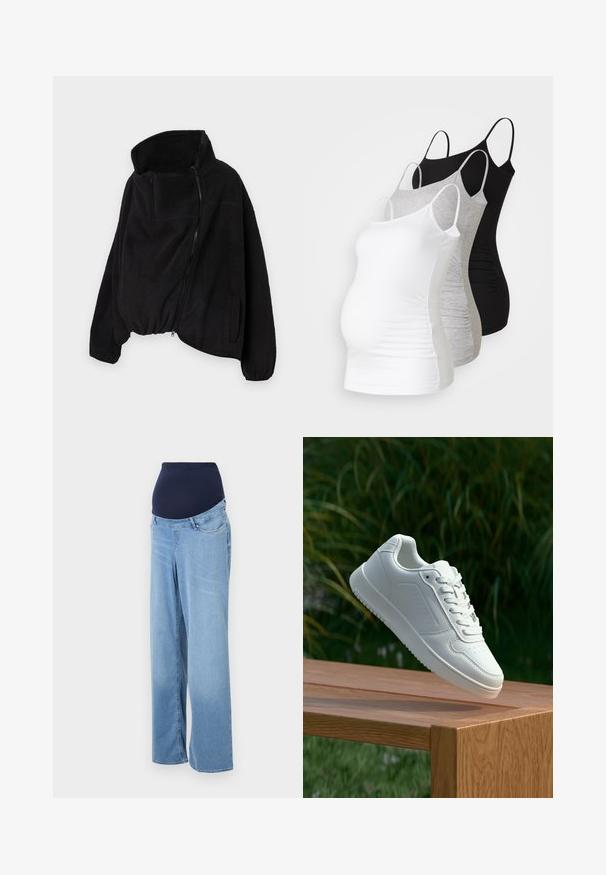 Črna flis jakna z visokim ovratnikom, zadrgo spredaj in elastičnim robom. Ima žep na prsih in stranske žepe. Mehka, teksturirana tkanina.; Tri materinski topi brez rokavov v beli, sivi in črni barvi. Raztegljiv material z nastavljivimi naramnicami in nabranimi stranskimi šivi za udobje.; Materinski traper hlače v svetlo modrem denim. Imajo temno modro elastično lice in široke noge. Standardni sprednji žepi in nekoliko zbledela tkanina.; Bela teniska s gladkim sintetičnim zgornjim delom, perforiranim prednjim delom, ravnimi vezalkami in teksturiranim podplatom, prikazana na leseni površini.