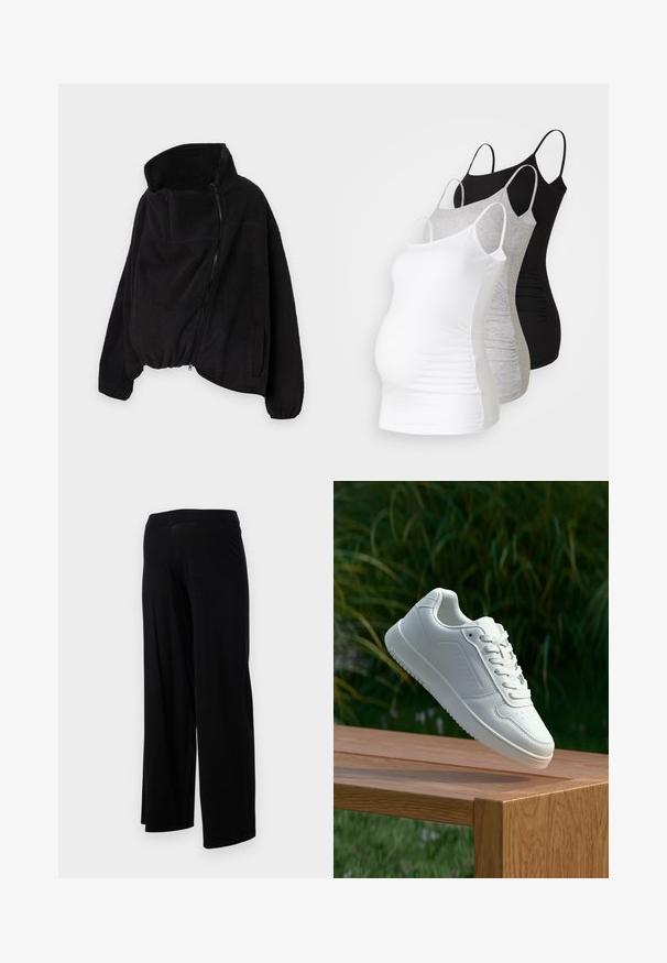 Chaqueta de forro polar negra con un alto cuello, cierre frontal con cremallera y dobladillo elástico. Cuenta con un bolsillo en el pecho y bolsillos laterales. Tejido suave y texturizado.; Tres camisetas de maternidad sin mangas en blanco, gris y negro. Fabricadas con tejido elástico, tienen tirantes ajustables y costuras laterales fruncidas para mayor comodidad.; Pantalones negros de pierna ancha con una cinturilla elástica y una textura suave y flexible. Presentan un diseño simple, sin patrones ni adornos.; Zapatilla blanca con un upper sintético suave, caja de dedos perforada, cordones planos y una suela texturizada, exhibida sobre una superficie de madera.