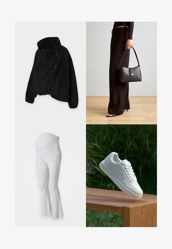 Casaco de fleece preto com colarinho alto, fecho zip e parte inferior elástica. Apresenta um bolso no peito e bolsos laterais. Tecido suave e texturizado.; Três tops de maternidade sem mangas em branco, cinza e preto. Tecido elástico com alças ajustáveis e costuras laterais franzidas para maior conforto.; Leggings de maternidade cinzentas feitas de um tecido suave, com uma bainha larga e um cós elástico para acomodar uma barriga em crescimento.; Sapatilha branca com um cabedal sintético liso, caixa dos dedos perfurada, atacadores planos e uma sola texturizada, exposta sobre uma superfície de madeira.; Bolsa preta com forma estruturada, textura suave e um fecho metálico. Combinada com calças largas pretas e sandálias de salto aberto sobre um chão de madeira.