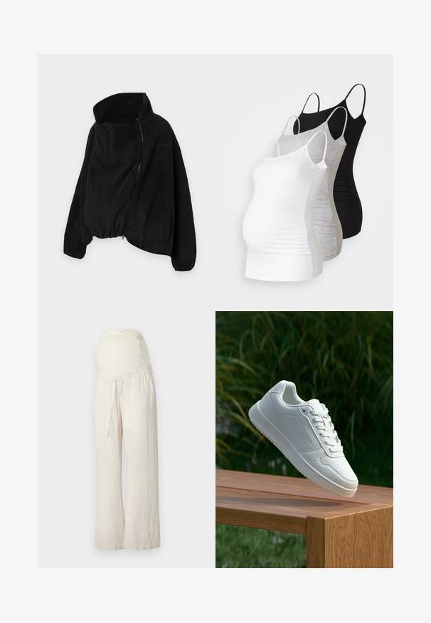 Black fleece jacket with a high collar, zippered front, and elastic hem. Features a chest pocket and side pockets. Soft, textured fabric.; Three maternity tank tops in white, gray, and black. Stretchy fabric with adjustable spaghetti straps and gathered side seams for comfort.; Light beige maternity pants with a relaxed fit, elastic waistband, and a soft, stretchy belly support panel. Made of a lightweight, breathable material.; White sneaker with a smooth synthetic upper, perforated toe box, flat laces, and a textured sole, displayed on a wooden surface.