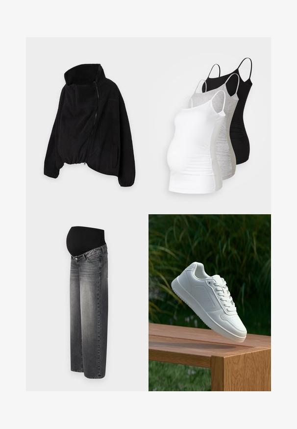 Black fleece jacket with a high collar, zippered front, and elastic hem. Features a chest pocket and side pockets. Soft, textured fabric.; Three maternity tank tops in white, gray, and black. Stretchy fabric with adjustable spaghetti straps and gathered side seams for comfort.; Maternity jeans in faded black denim, featuring a stretchy black waistband for support. Wide-leg design with standard front pockets.; White sneaker with a smooth synthetic upper, perforated toe box, flat laces, and a textured sole, displayed on a wooden surface.
