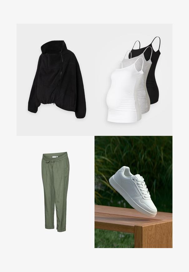 Must lähedane fliisjakk kõrge kaelusega, lukuga ees ja elastse äärisega. Omab rinnataskut ja küljetaskuid. Pehme, tekstuuriga kangas.; Kolm emme tank topi valges, hallis ja mustas värvitoonis. Veniv kangas, reguleeritavad õhuke rihmad ja mugavuse tagavad volditud külgseemed.; Kerged oliivrohelised püksid, millel on lõdvalt istuv lõige. Omavad elastset vöökohale ja kinnitusnööriga vöökohta, soonikkoes palistusega säärteotste ning küljetaskud.; Valged sneakerd, millel on sile sünteetiline ülemine osa, väikeste aukudega varvaskast, lamedad paelad ja tekstuuriga tald, eksponeeritud puidust pinnal.
