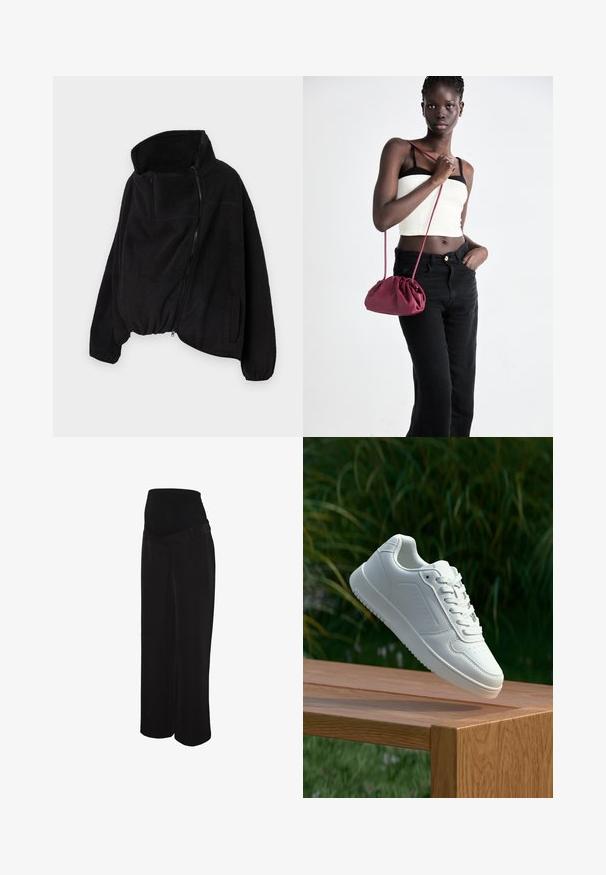 Svart fleecejakke med høy krage, glidelås foran og elastisk nederkant. Har brystlomme og sidelommer. Myk, strukturert stoff.; Tre ammetoppe til gravide i hvit, grå og svart. Elastisk stoff med justerbare spaghetti-stropper og samlede sidesømmer for komfort.; Svarte bukser med vide ben og en høy, elastisk midje, laget av mykt stoff. Har en jevn tekstur og rene, skreddersydde sømmer.; Hvite sneakers med en glatt syntetisk overdel, perforert tåboks, flate snørebånd og en teksturert såle, vist på en treflate.; Burgunderfarget myk stoffhåndveske med en samlet design og en lang stropp, båret som en crossover. Modellen har på seg en hvit crop-top og svarte jeans.