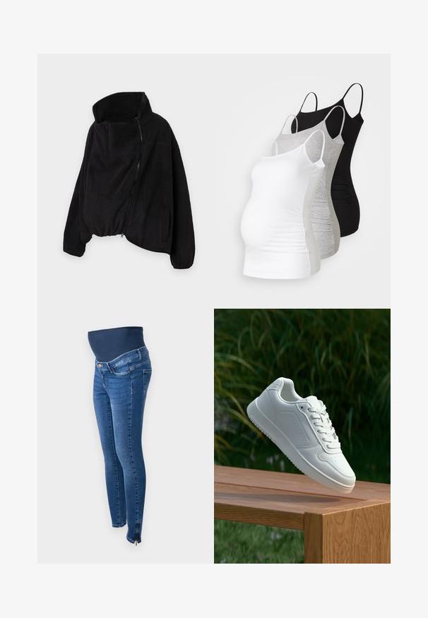 Svart fleecejakke med høy krage, glidelås foran og elastisk nederkant. Har brystlomme og sidelommer. Myk, strukturert stoff.; Tre ammetoppe til gravide i hvit, grå og svart. Elastisk stoff med justerbare spaghetti-stropper og samlede sidesømmer for komfort.; Graviditetsjeans i mørkeblå denim. Slim fit med en elastisk, støttende magebelte. Har sidelommer med glidelås ved ankelen.; Hvite sneakers med en glatt syntetisk overdel, perforert tåboks, flate snørebånd og en teksturert såle, vist på en treflate.