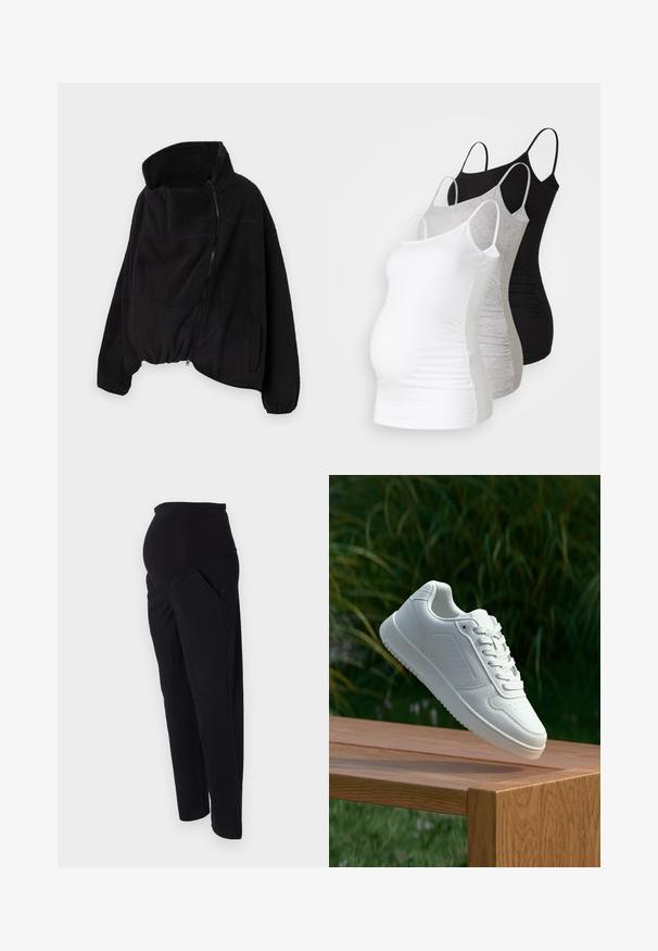 Mustat fleece-takki, jossa on korkea kaulus, vetoketjulla varustettu etuosa ja joustava helma. Sisältää rintataskun ja sivutaskut. Pehmeä, teksturoitu kangas.; Kolme äitiystoppia valkoisena, harmaana ja mustana. Venytettävä kangas, säädettävät olkaimet ja rypytetyt sivusaumat mukavuutta varten.; Mustat äitiystavat, joissa on korkea, joustava vyötärö, sivutaskut ja kapenevat lahkeet. Valmistettu pehmeästä, mukavasta kankaasta.; Valkoiset tennarit, joissa on sileä synteettinen päällinen, rei'itetty varvasosa, litteät nauhat ja teksturoitu pohja, esillä puupinnalla.