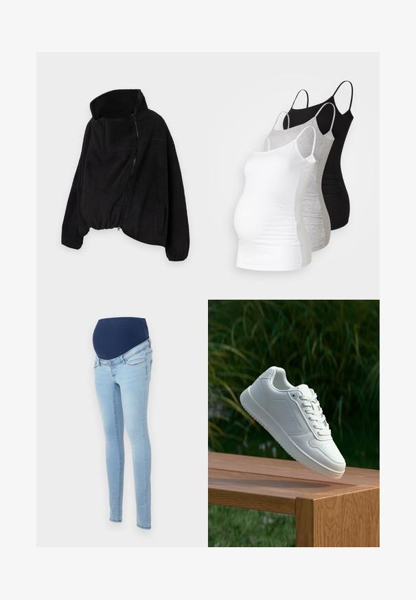 Crna flis jakna s visokim ovratnikom, prednjim patentnim zatvaračem i elastičnom donjom rubom. Ima džep na prsima i bočne džepove. Mekana, teksturirana tkanina.; Tri majice za trudnice bez rukava u bijeloj, sivoj i crnoj boji. Elastični materijal s podesivim trakama i naboranim bočnim šavovima za udobnost.; Trudnički traperice u svijetloplavom denimu s rastezljivim tamnoplavim pojasom. Dizajn sa uskim nogavicama, dvije prednje džepove i suptilnim detaljima šavova.; Bijela tenisica sa glatkim sintetičkim gornjim dijelom, perforiranim prednjim dijelom, ravnim vezicama i teksturiranom potplatom, prikazana na drvenoj površini.