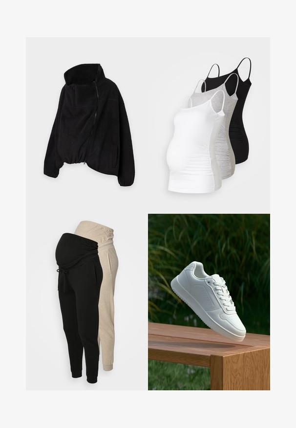 Juodas vilnonis džemperis su aukšta apykakle, užtrauktuku priekyje ir elastingu gale. Yra krūtinės kišenė ir šoninės kišenės. Minkšta, tekstūruota medžiaga.; Trys nėštumo marškiniai be rankovių – balti, pilki ir juodi. Tampri medžiaga su reguliuojamomis petnešėlėmis ir susiraukšlėjusiomis šoninėmis siūlėmis, užtikrinančiomis komfortą.; Juosmens kelnės nėščioms moterims juodos ir šviesiai smėlinės spalvų. Minkšta medžiaga, elastinga liemenėlė, stipinys, siaurėjantys kelnių galai ir šoninės kišenės.; Balti sneakeriai su lygia sintetine viršutine dalimi, perforuota pirštų zona, plokščiomis raištelėmis ir tekstūruotu padu, padėti ant medinės paviršiaus.