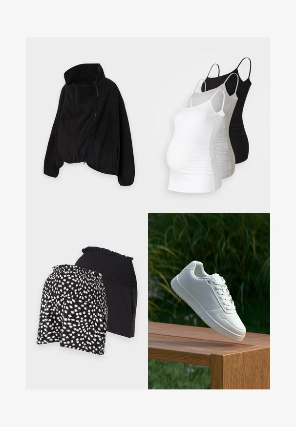 Black fleece jacket with a high collar, zippered front, and elastic hem. Features a chest pocket and side pockets. Soft, textured fabric.; Three maternity tank tops in white, gray, and black. Stretchy fabric with adjustable spaghetti straps and gathered side seams for comfort.; Black floral shorts featuring a white daisy pattern with shirred waistband; inner shorts are solid black with a smooth texture.; White sneaker with a smooth synthetic upper, perforated toe box, flat laces, and a textured sole, displayed on a wooden surface.
