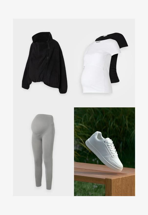 Fekete fleece dzseki magas gallérral, cipzáros elejével és rugalmas aljával. Tartalmaz egy melltáskát és oldalsó zsebeket. Puha, texturált anyag.; Fekete és fehér várandós pólók, rövid ujjal, puha pamut anyagból, rétegezett kialakítással, amelyben gyűrt rész található a növekvő pocak számára.; Kismama leggings puha szürke anyagból, magas derékpánttal, sima felülettel és teljes hosszúságú kivitelben.; Fehér sportcipő sima szintetikus felsőrésszel, perforált lábujjrész, lapos fűzőkkel és texturált talppal, fából készült felületen kihelyezve.