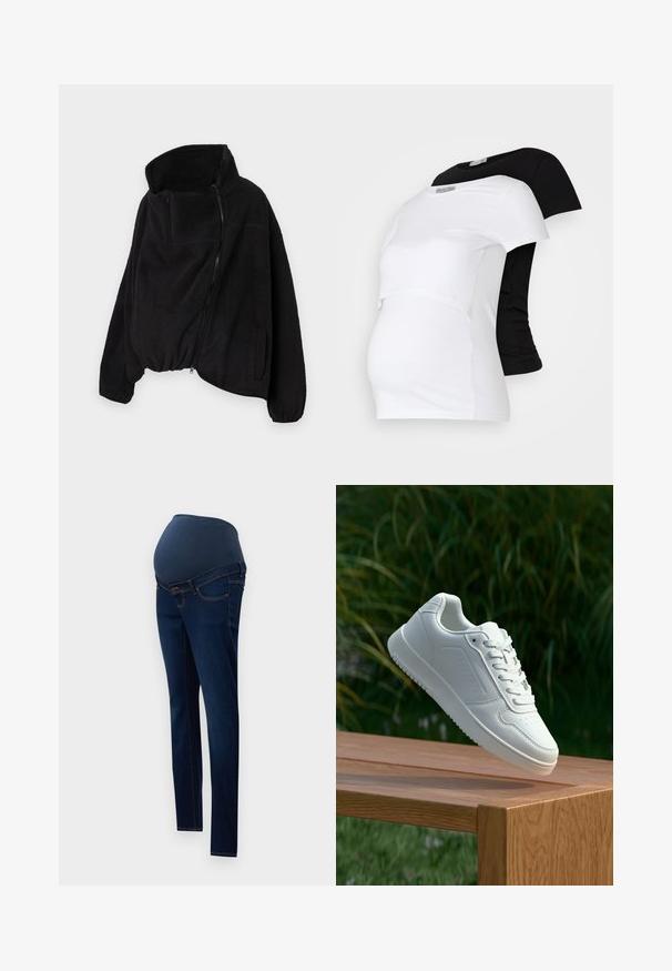 Crna flis jakna s visokim ovratnikom, prednjim patentnim zatvaračem i elastičnom donjom rubom. Ima džep na prsima i bočne džepove. Mekana, teksturirana tkanina.; Crno-bijeli majice za trudnice, kratki rukavi, mekani pamučni materijal, s višeslojnim dizajnom koji ima naborani dio za rastući trbuh.; Trudnički traperice s tamnoplavim rastezljivim panelom i tamnim traperom, s uskim krojem i klasičnim dizajnom džepova.; Bijela tenisica sa glatkim sintetičkim gornjim dijelom, perforiranim prednjim dijelom, ravnim vezicama i teksturiranom potplatom, prikazana na drvenoj površini.